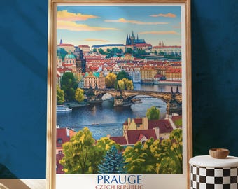 Lámina artística del horizonte de Praga, póster de viaje de la República Checa