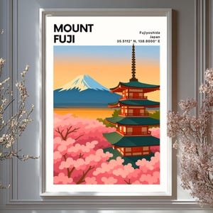 富士山プリント：日本の五重塔と桜の風景