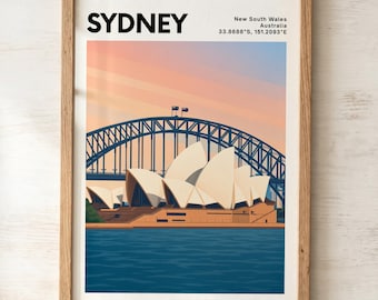 Sydney Opera House Harbour Bridge-tryck | Reseaffisch för Australien, modern stadskonst