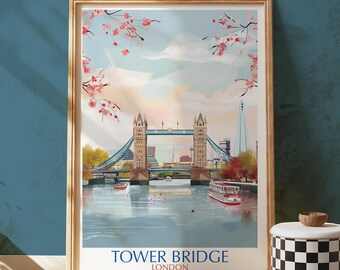 Tower Bridge London Art Print, Illustrated Thames River, Blossom Decor