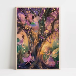 Impression d'art arbre féerique affiche forêt magique, décoration murale forêt enchantée, illustration fantaisiste, cadeau pour les amateurs de fantaisie et les chambres d'enfants
