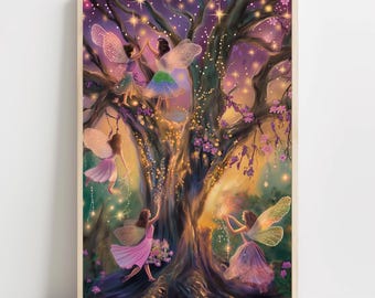 Plakat z magicznym lasem i drzewem wróżek. Dekoracja ścienna z motywem zaczarowanego lasu. Fantastyczna ilustracja. Prezent dla miłośników fantasy i do pokoju dziecięcego.