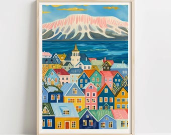 Reykjavik Poster | Bunte Häuser, Nordische Stadtbild, Wandkunst, Reiseplakat