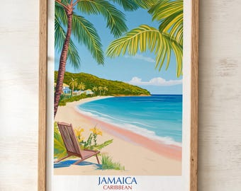 May include: A framed art print featuring a tropical beach scene in Jamaica with a wooden lounge chair on the sand, palm trees, turquoise water, and distant hills. The text JAMAICA CARIBBEAN is printed in blue and red at the bottom of the image.