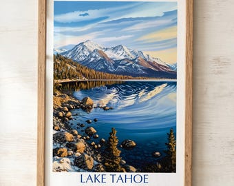 May include: A framed print of Lake Tahoe. The artwork depicts a serene lake reflecting snow-capped mountains and a blue sky with clouds. The foreground shows rocks and trees. The words "LAKE TAHOE" are printed at the bottom.