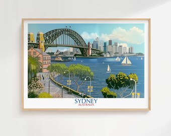 Sydney Harbour Bridge-tryck: Illustrerad väggkonst med australisk stadssilhuett, Sydney-affisch