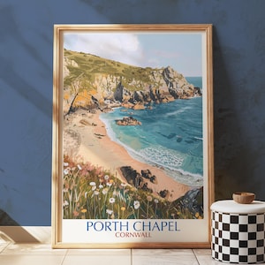 Porth Chapel Beach Art Print, Cornwall Coast, Secluded Cove Illustration