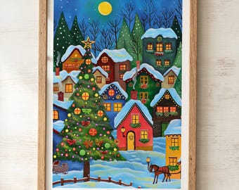 Lámina de arte popular de un pueblo navideño, arte mural invernal colorido, decoración navideña de estilo escandinavo.