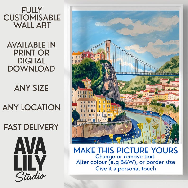 Bristol Clifton Suspension Bridge Print Vintage England Travel Poster bristol-clifton-suspension-bridge-print-vintage-england-travel-poster