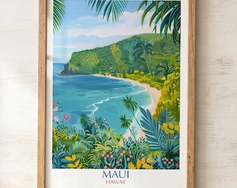 Maui Travel Poster | Hawaii Wall Art | Tropical Island Coast Palm Beach Print