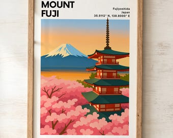 Mount Fuji Pagoda Cherry Blossom Print | Japanese Spring Wall Art