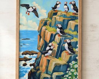 Puffin Print | Coastal Bird Wall Art | Puffins on the Cliffs Seabird Nature Print