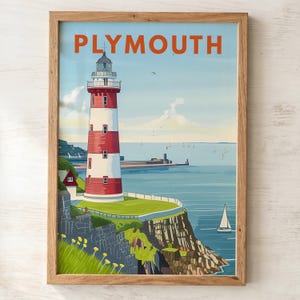 Plymouth Travel Poster | Smeaton's Tower Lighthouse Wall Art | Devon Print