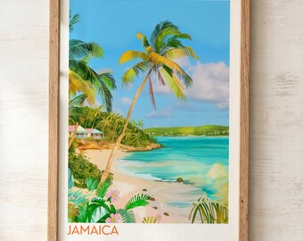 May include: A framed art print featuring a tropical beach scene with palm trees, turquoise water, and small buildings along the shore. The sand is light tan, and the sky is a clear blue with soft white clouds. The word JAMAICA is printed in orange.