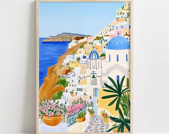 Santorini Oia Cliffside Print | Greek Island Blue Dome Travel Art