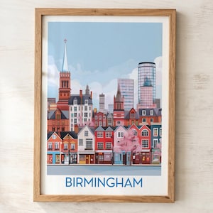Konsttryck med Birminghams stadssilhuett | Illustrerad väggkonst med brittisk stadsbild, reseaffisch