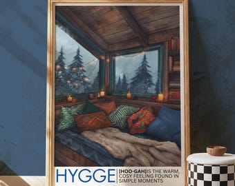 Impresión de cabaña invernal Hygge, rincón acogedor, vista a la ventana del bosque