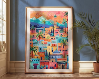 Marrakech Travel Poster: Vintage Moroccan Cityscape Art Print