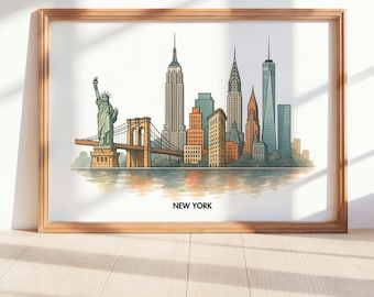 NYC Skyline aquarel kunstafdruk: Vrijheidsbeeld en Empire State Building