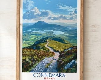 Connemara Ireland Travel Poster Print, Irish Landscape Wall Art, Wild Atlantic Way Mountain Decor