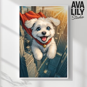 Superhero Puppy Art Print – Flying Dog Wall Decor, Cute Cartoon Dog with Cape Poster, Whimsical Pet Illustration for Kids & Dog Lovers