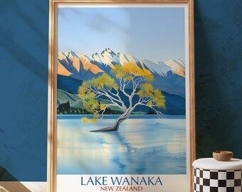 Lámina artística del lago Wanaka, póster de viaje de Nueva Zelanda, montañas nevadas.