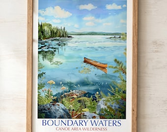 May include: A framed art print featuring a watercolor landscape of a calm lake with an orange canoe floating on the water. The foreground shows rocks and green plants. The text at the bottom reads BOUNDARY WATERS CANOE AREA WILDERNESS.