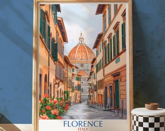 Firenze, Italia, Stampa, Scena di strada toscana, Vista del Duomo