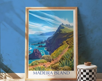 マデイラ島のプリント、海岸の崖、ポルトガルの旅行ポスター