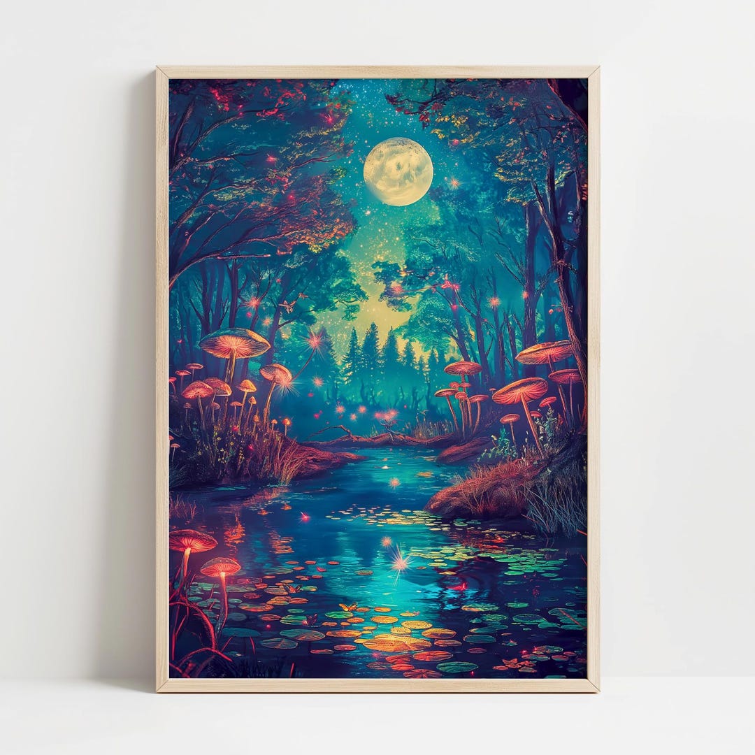 Moonlit Mushroom Forest Art Print, Fantasy Woodland Illustration - Etsy