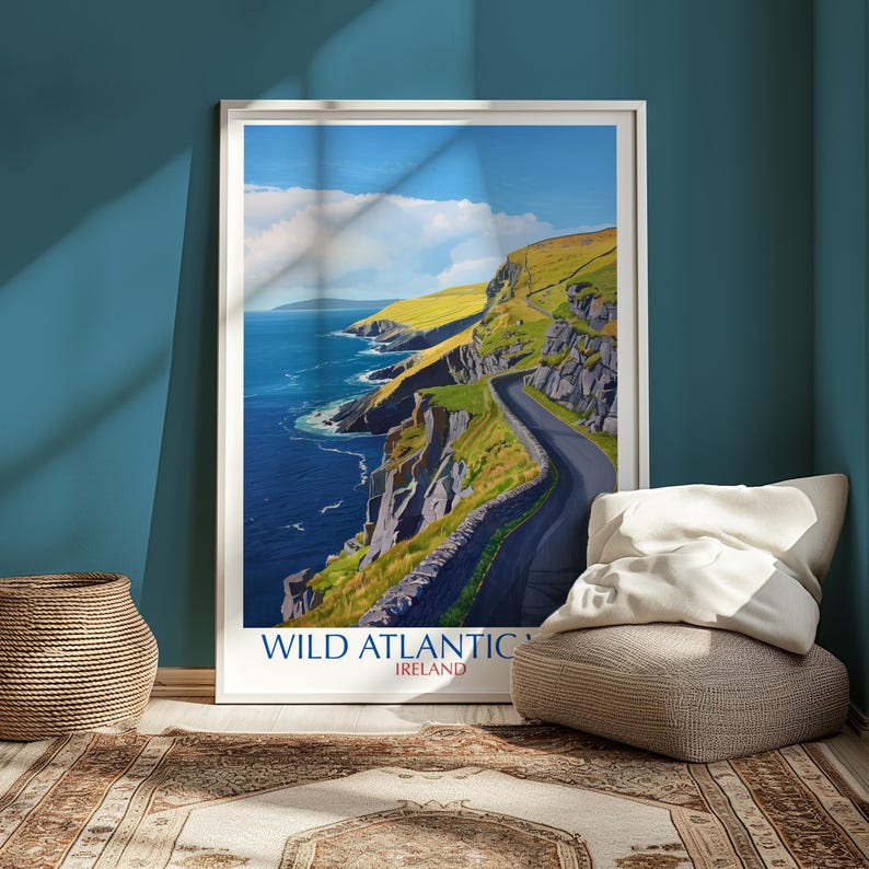 a large framed poster of the Wild Atlantic Way in Ireland, with a scenic coastal landscape and a winding road.