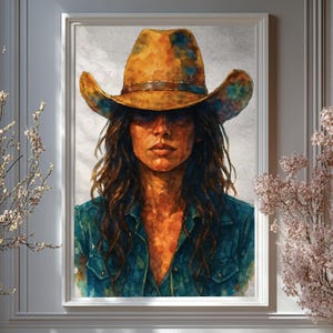 Impression d'art portrait de cow-girl - art mural femme occidentale, décoration rustique Americana, affiche de cow-girl country pour la maison ou le studio