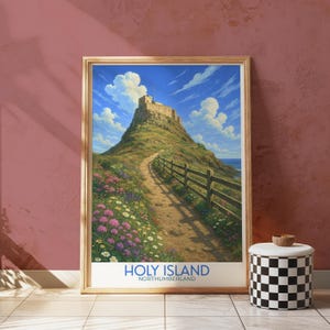 Holy Island Lindisfarne Art Print – Northumberland Coastal Poster, Holy Island Landscape Wall Decor, UK coastal castle Illustration