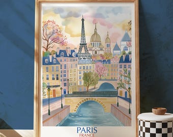 Paris Watercolor Art Print – Eiffel Tower Cityscape Wall Art France Illustration