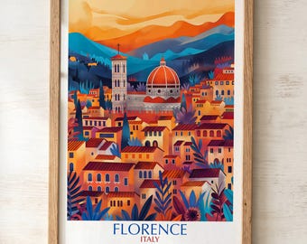 May include: A framed art print depicting the Florence, Italy skyline with the Duomo and bell tower. The illustration features warm orange and yellow sunset tones, deep blue mountains, and stylized buildings. The text FLORENCE ITALY is at the bottom.