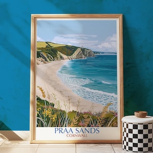 Stampa artistica di Praa Sands Cornwall, poster illustrato della spiaggia costiera