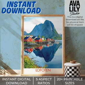 Lofoten Digital Download Norway Wall Art Poster Nordic Landscape Print Red Cabin Illustration Arctic Scenic Mountain Coastal Home Decor