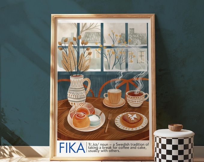 Fika Art Print: Swedish Coffee Break, Cinnamon Rolls, Nordic Kitchen Decor