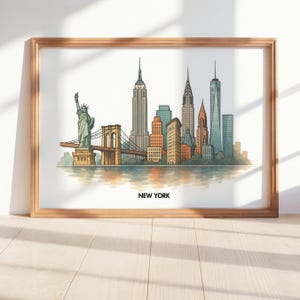 NYC Skyline Watercolor Art Print: Statue of Liberty & Empire State Building