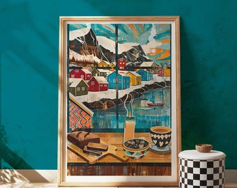 Koselig Iceland Art Print Nordic Winter Poster Hygge Interior Wall Decor Scandinavian Village Illustration Cozy Home Gift for Iceland Lovers