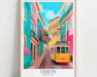 Lámina artística del tranvía de Lisboa: Póster de viaje colorido de Portugal