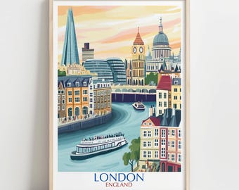 Lámina con paisaje urbano de Londres: Acuarela del río Támesis - Arte mural de Inglaterra