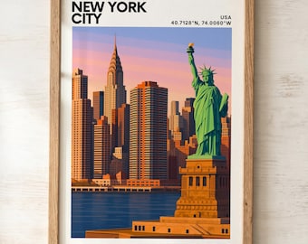New York City Skyline Print | Statue of Liberty Sunset Wall Art