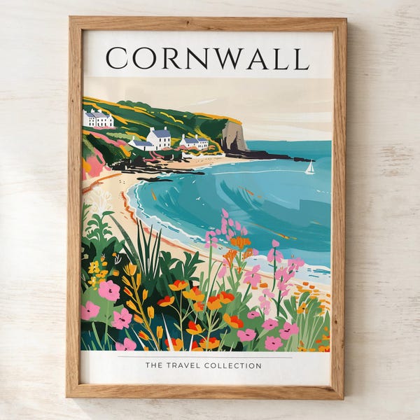 Cornwall Coastal Print | Illustrated Wildflowers, Turquoise Bay, Sailboats (Travel Collection)