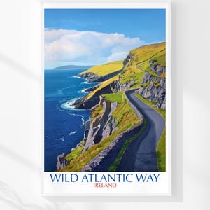 The image is a poster depicting the Wild Atlantic Way in Ireland, featuring a winding road along the edge of a cliff overlooking the ocean.