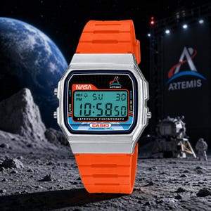 Könnte beinhalten: Eine silberne Casio Astronaut Chronograph Uhr mit orangefarbenem Armband. Die Digitalanzeige zeigt Uhrzeit, Datum und die Logos von NASA und Artemis. Die Uhr befindet sich vor dem Hintergrund einer Mondoberfläche und einem Weltraumthema.