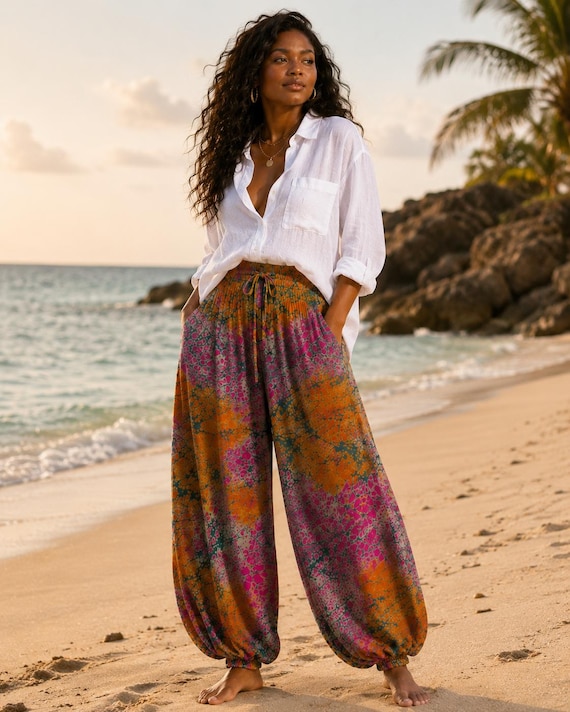 Handmade African Print Balloon Trousers Orange Abstract Adire Harem Pants Ghana crack Adire print trouser for her vacation trouser