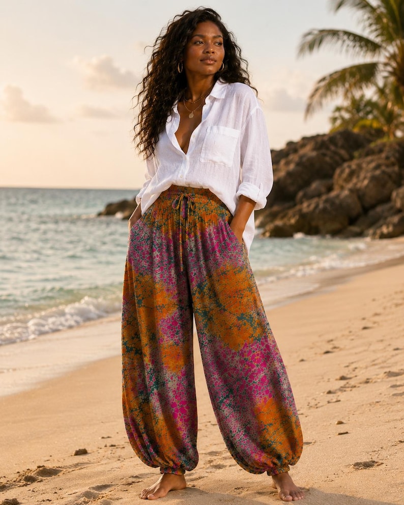 Barrel trouser full length pink nd orange design tye dye holiday part for women gift for her