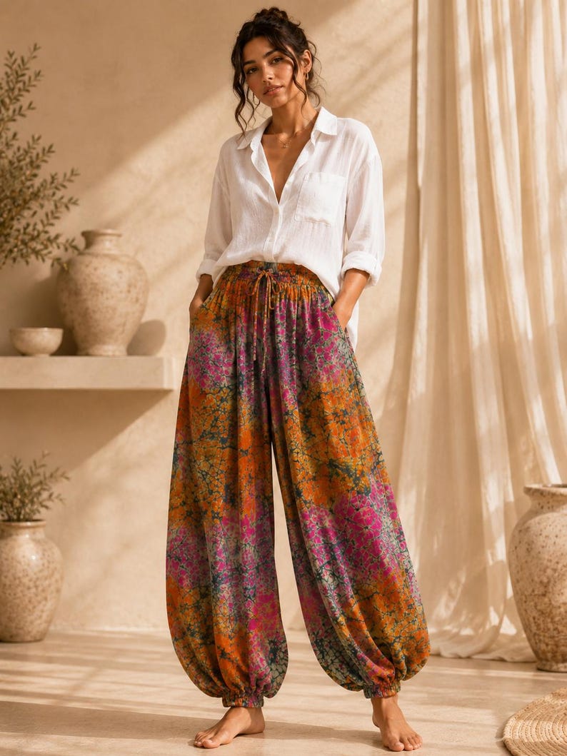 Barrel trouser for holiday beach pant for women stylish and colourful print for women cotton trouser for women