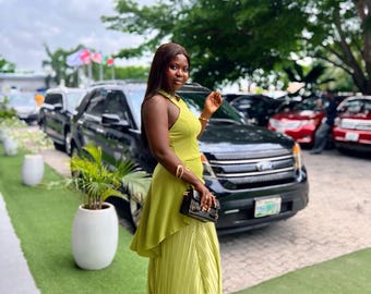 Lime Green Maxi Dress: Sleeveless Pleated Summer Afrocentric Occasion Wear